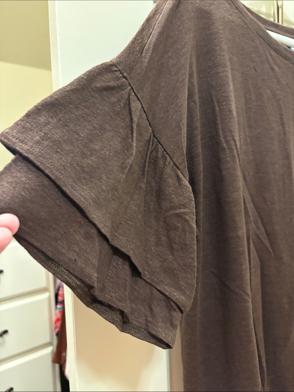 Women's Short Sleeve Ruffle-Sleeve Tee - Brown - Picture 2 of 4